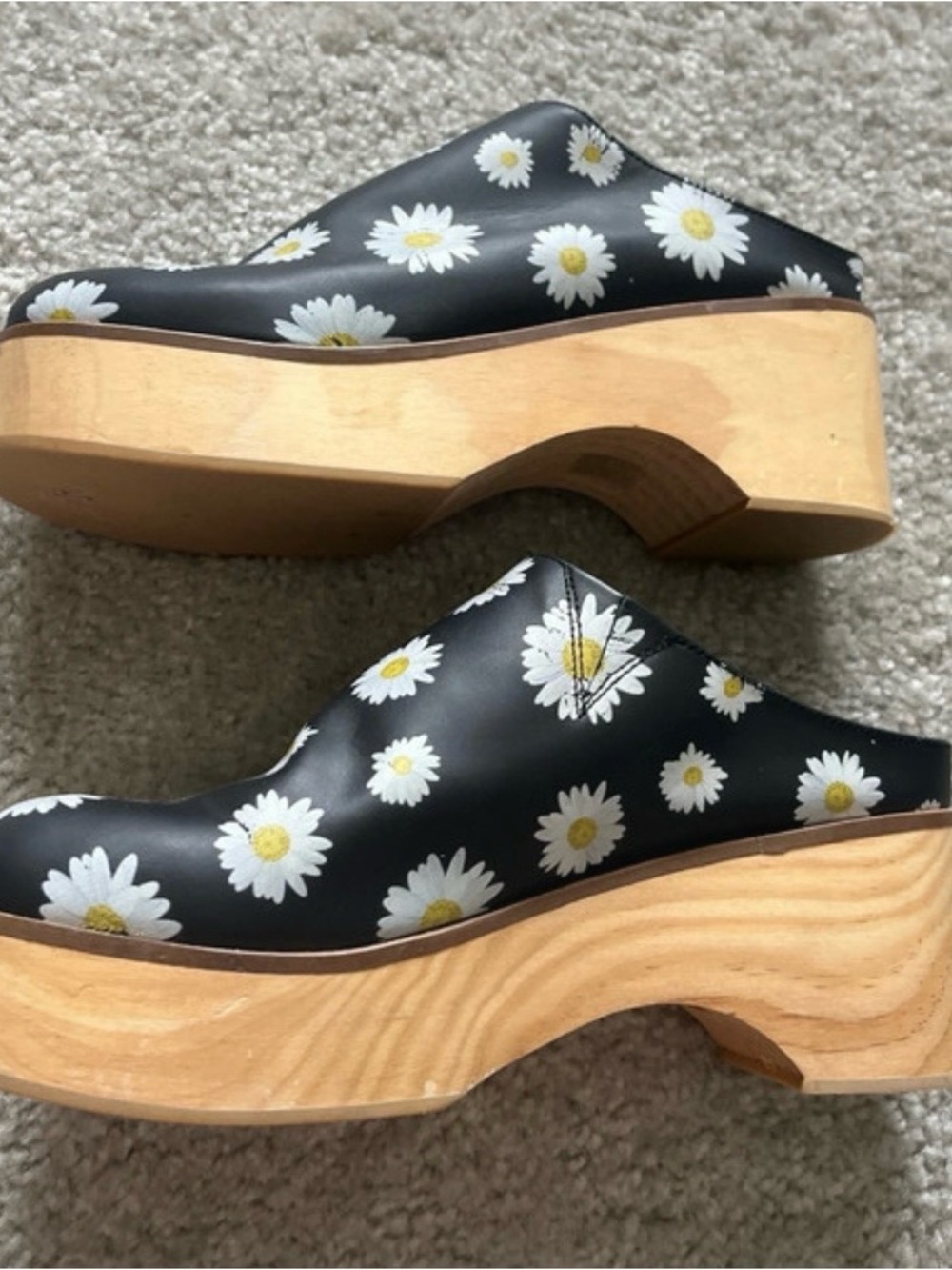 Free People Conversational Black Daisy Platform Wooden Clogs 8 - Picture 6 of 16